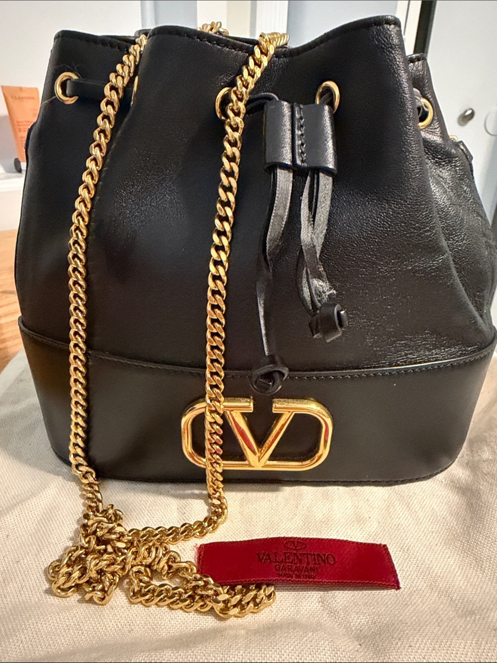 Valentino Garavani Black Leather VLogo Drawstring Hobo with Gold Chain